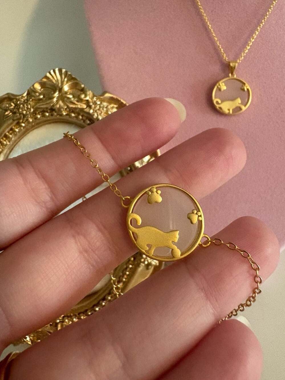 Kitty Sensations Playful Cat Natural Jade Sterling Silver Gold Plated Set